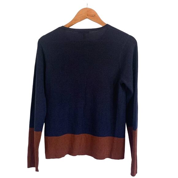 Eileen Fisher Colorblock Tencel Silk Blend Long Sleeve Sweater Navy Brown Small - Picture 3 of 7